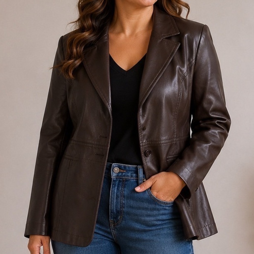 Chocolate Brown Faux Leather Blazer Women's MP Petite Y2K Moto Minimalist Jacket